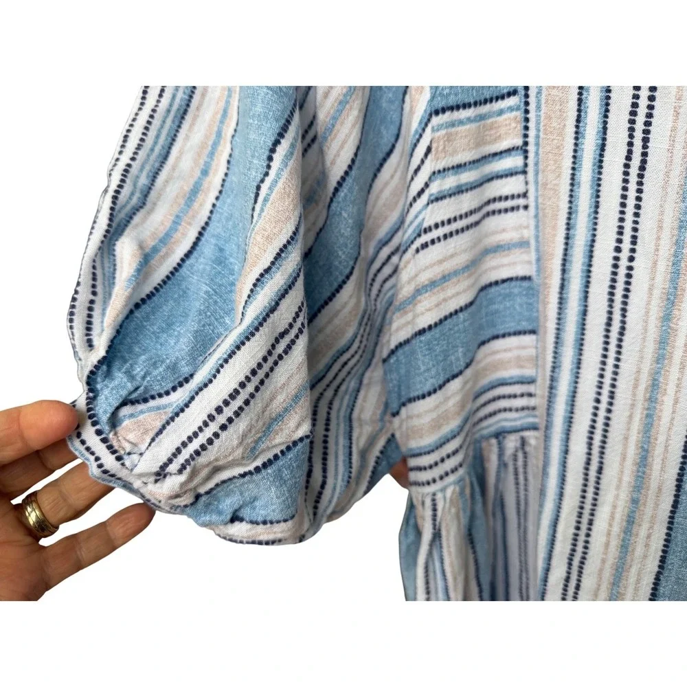 Ava James Blue Striped Puff‎ Sleeve Babydoll Tunic Dress Womens Medium M